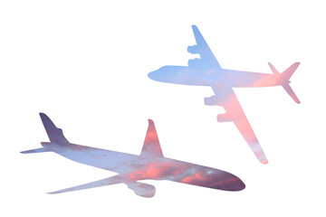 Aircraft silhouettes with sky background. Clip art bundle on white background