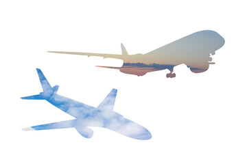 Aircraft silhouette set with sky background. Clip art on white background