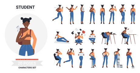 African american black student girl pose infographic vector illustration set. Cartoon young woman casual clothes holding books for study, female in jeans studying, resting different posture isolated