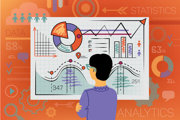 Sales analytics vector illustration. Office manager and computational data analysis, income statistics, business. Web page, facebook cover, banner, template.