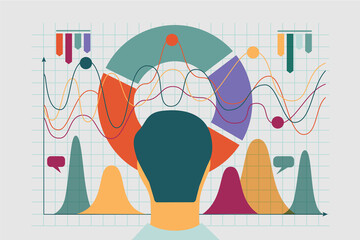 Sales analytics vector illustration. Office manager and computational data analysis, income statistics, business. Web page, facebook cover, banner, template.