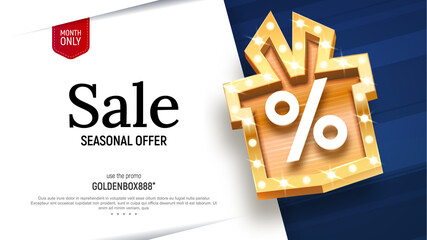 Sale vector banner with golden gift box and percentage sign retro board broadway vector illustration. Special offer discount on white and blue background 