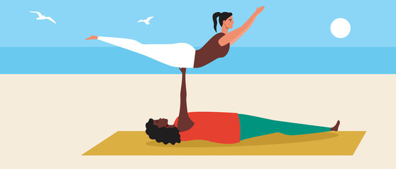 LGBTQ couple, yoga asanas, Flat vector stock illustration with Lesbian women activity or LGBTQ Family activity