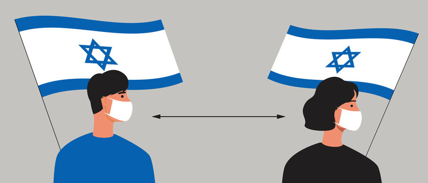 Israelis with Israel flag, lockdown in Israel, flat vector stock illustration with Israelis Social Distance and People in face masks