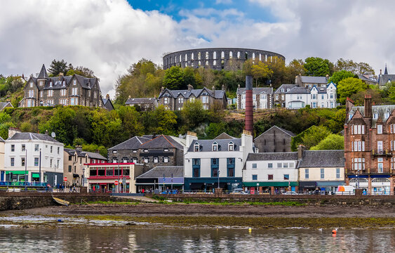 A view of the high street of the  town of Oban, Scotland from Oban Bay on a summers day