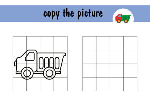 Draw a truck using an example. Children s mini-game on paper. Copy the picture using grid lines, a simple game for toddlers with an easy level of play, drawing game for kids
