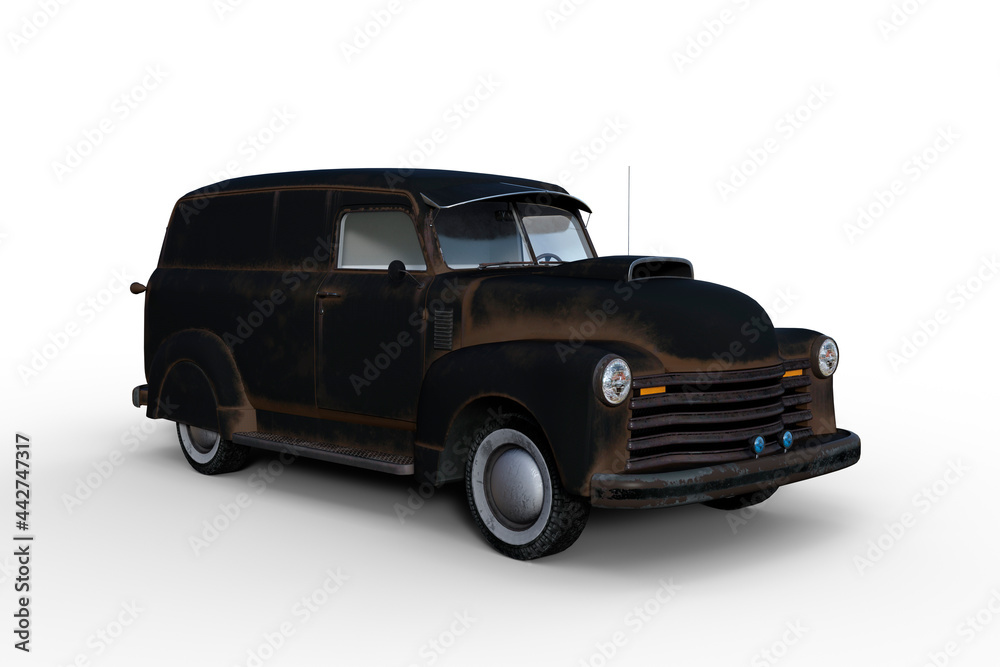 Poster 3d rendering of an old black retro american panel van isolated on white background.