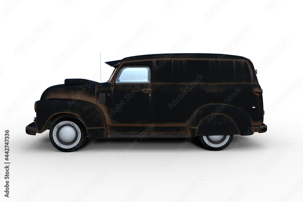 Poster side view 3d rendering of an old black retro american panel van isolated on white background.