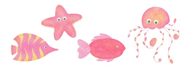 Satz von vier Fantasie-strukturierten Tieren handgezeichnete digitale Illustration Kaiserfisch Seestern Fischquallen