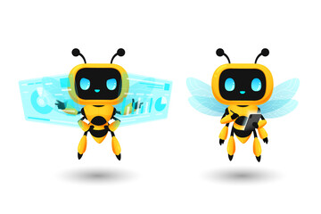Set of cute bee robot ai character in analyze screen and write on tablet pose - obrazy, fototapety, plakaty