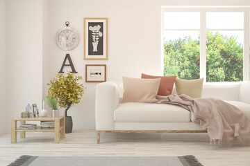 White living room with sofa and summer landscape in window. Scandinavian interior design. 3D illustration