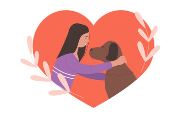 Adopt dog, happy woman and doggy friend vector illustration. Cartoon young girl pet owner character and funny puppy inside pink heart, adoption, love and friendship with domestic animal isolated