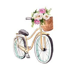 Watercolor illustration romantic bike with a basket of peonies
