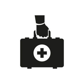 recommend clip art: Black icon First aid kit. Doctor holds in hands. Template for medical ambulance. Medical silhouette equipment. Vector 