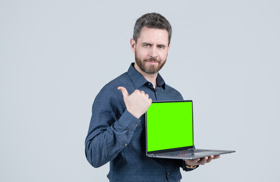 Bearded Man Showing Thumb Up Green Computer Screen For Video Presentation, Copy Space, Modern Life