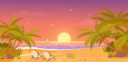 Sunset on tropical beach, tropic paradise vacation landscape vector illustration. Cartoon palm trees, resort lounges on sand, setting sun on on water waves in summertime beachside scenery background - obrazy, fototapety, plakaty