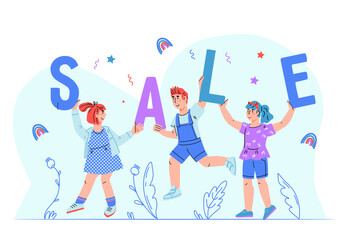 Children sale. Happy smiling and jumping kids with purchases in shopping bags. Flat style vector illustration isolated on white background.