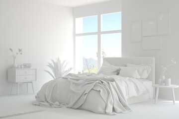 Modern bedroom in white color. Scandinavian interior design. 3D illustration