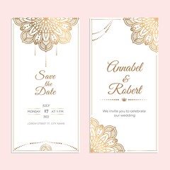 Wedding invitation stories for social media cover template with round mandala golden elements. Luxury modern ethnic lace mandalas ornament card. Save the Date vector.