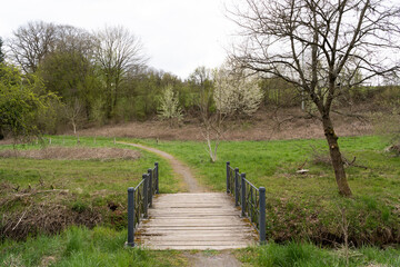 Fototapeta na wymiar Bridge with wooden floor and green metal railings in the landscape 
