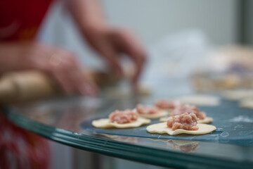 women's hands sculpt homemade dumplings close up