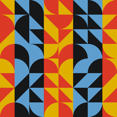 Fototapeta premium Colorful art. Vector geometric tiles. Abstract rounded and cornered tiles. Avant garde decor blue, red, yellow and black shapes.