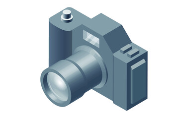 Isometric gray photo camera illustration. Isometric professional photo camera isolated on white background. 3D rendering.