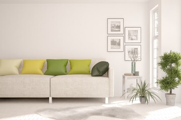 White living room with sofa. Scandinavian interior design. 3D illustration