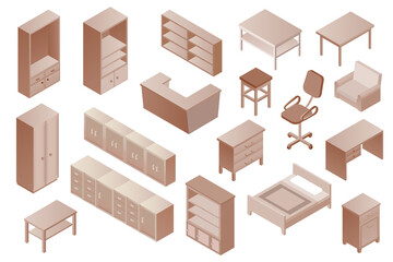 Isometric furniture set. Collection of brown monochrome furniture, 3D rendering. Isometric dinning room, kitchen, bedroom furniture set.