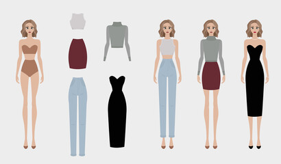 Paper doll with set of basic fashion clothes: evening dress, sweater, skirt, top and jeans.