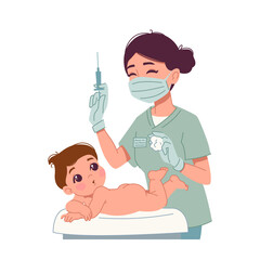 Vaccination of a newborn baby. Infant and doctor or nurse holding a syringe with a vaccine. Illustration of a schedule of treatment, vaccination or immunization. Isolate vector design on white. - obrazy, fototapety, plakaty