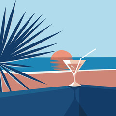 Morning landscape. Sunrise, beach and a glass of cocktail. Background illustration.
