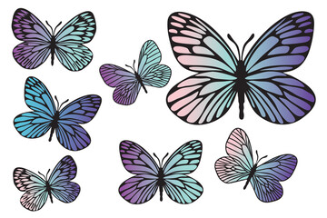 Fototapeta na wymiar Butterflies black outlines silhouette set with modern gradient