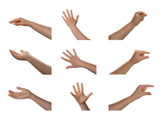 Collage with photos of little child showing different gestures on white background, closeup
