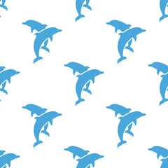 Seamless pattern with blue dolphins couple on white background.