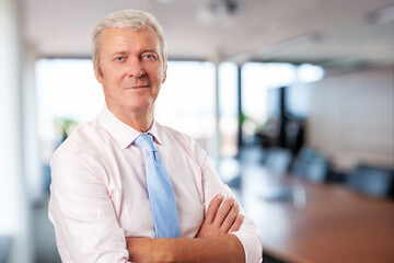 Handsome grey haired senior manager standing at office. He's wearing shirt and tie.