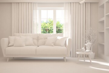 Mock up of stylish room in white color with sofa and green landscape in window. Scandinavian interior design. 3D illustration