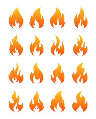 Fire icons. Vector set of silhouette fire flames, fireball for logo, stickers, web, mobile app design. Hot flaming element isolated on white background. Warning symbols. Fire energy and power