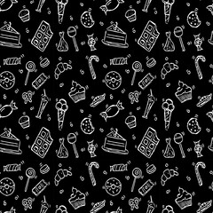 Seamless pattern with sweet food. Doodle illustration with sweet food icons on black background. Vintage sweets pattern, sweet elements background for your project, menu, cafe shop. 