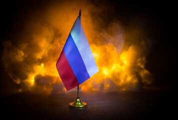 Concept of crisis of war and political conflicts between countries. Russia and Ukraine small flags...