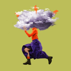 High fashion style. Creative image of woman with thundercloud instead of head. Surrealism.