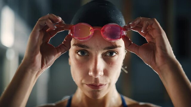 Beautiful Professional Female Swimmer in Swimming Pool, Wearing Cap, Looks Confidently at the Camera, Puts on Glasses, Ready to Win the Championship, Set New World Record. Cinematic Close-up Portrait