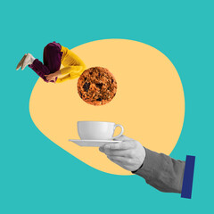 Creative art collage demostrating a man diving into cup of coffee like cookie. Abstract minimalism.