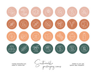 Sustainable Packaging Icon Set is a series of pixel-perfect icons, created by influence of sustainable living, recycling, organic food. Vector set design templates icons social media stories. - obrazy, fototapety, plakaty