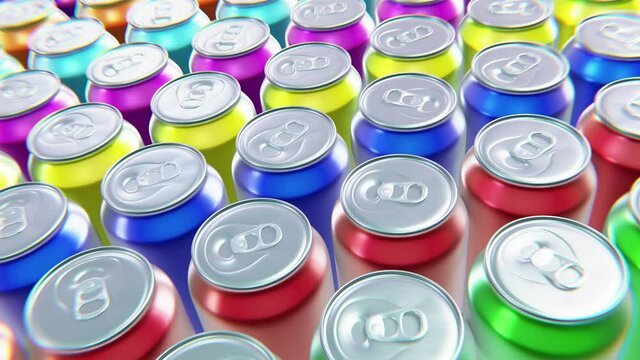 Realistic looping high angle view tracking shot 3D animation of the colorful blank aluminum drink cans rendered in UHD