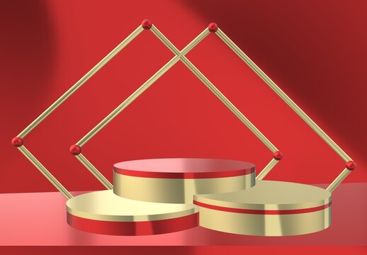 3d Rendering of abstract red and gold color geometric shape podium with golden frame at the background. Modern minimalist mockup for the showcase cosmetics product, advertising, display, presentation.