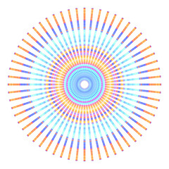 Creative multicolored points round symbol. Abstract symmetrical logo. Mosaic colorful beautiful beads. Circle dots modern pixel floral art icon. Colored pattern ornament wheel decorative illustration.