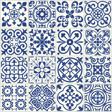 Floral texture in blue and white. Geometric Ceramic Design Tile. Vintage Illustration background.