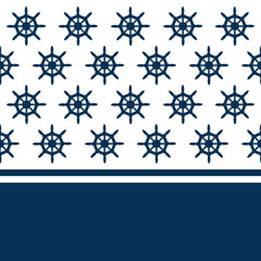Nautical themed design with navy blue sailing wheel pattern and navy blue and white stripes decoration