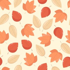 Fototapeta na wymiar Yellow and orange autumn leaves seamless pattern, vector background in flat style.